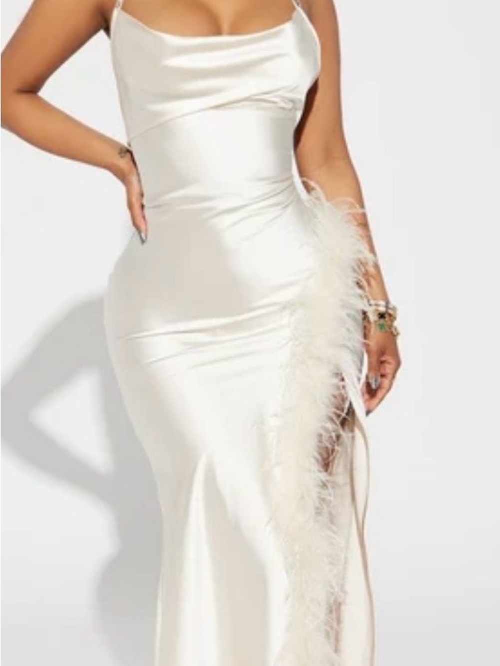 Fashion Nova Ivory Satin Feather-Trim Strapless Slip Dress
